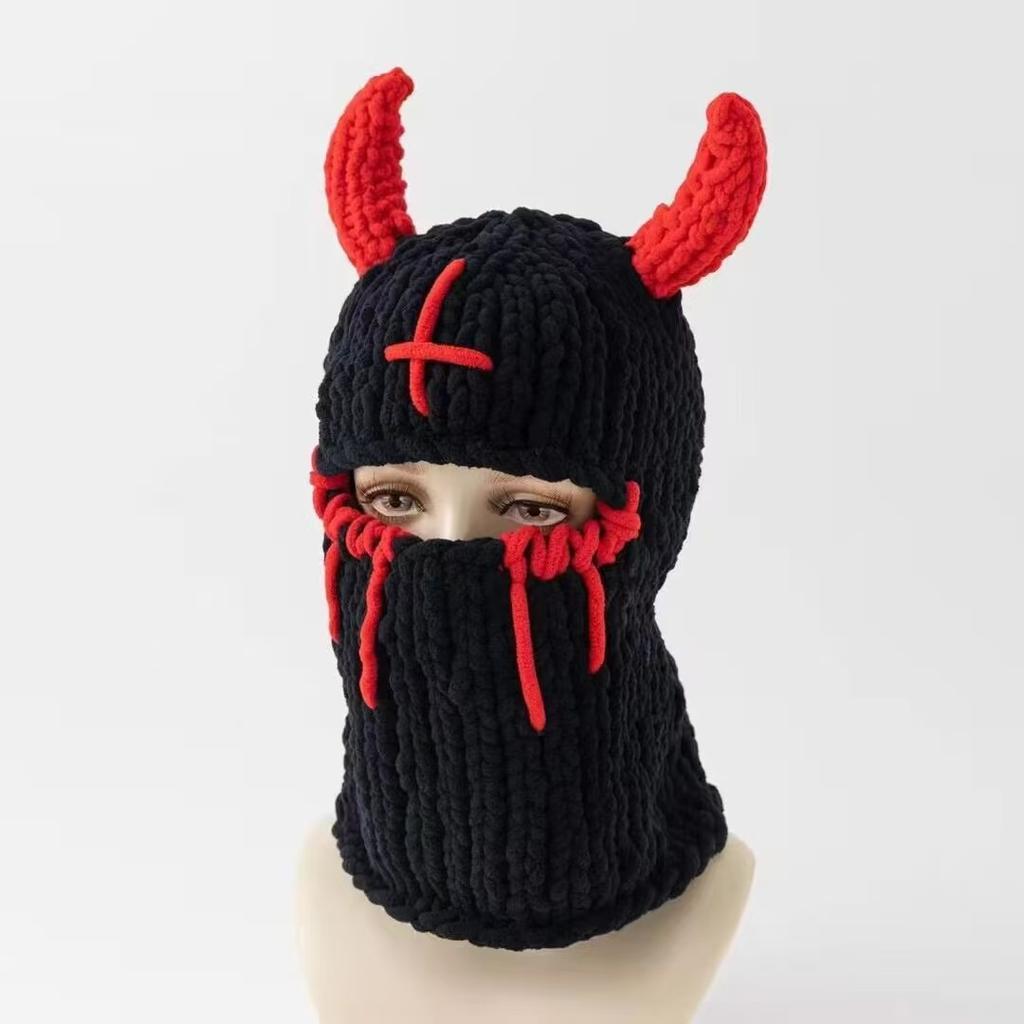 Japanese Popular Funny Devil Corner Crochet Knitted Beanie Hat Handmade Cute Long Ear Warm Cover Warm Wool Hat Spot
