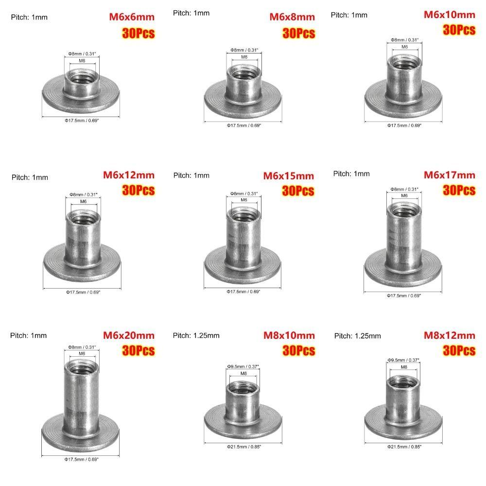 30Pcs Round Base Tee Nut M6 M8 Mounting Hardware Fastener  for Furniture Sheet Metal Woodworking