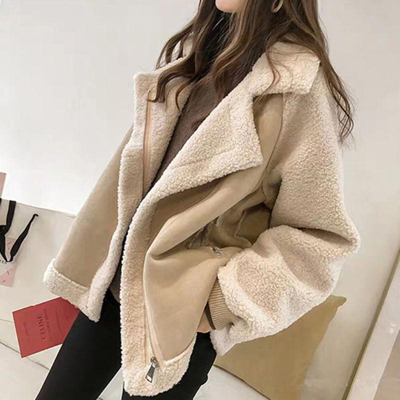 2023 New Thickened Warm Fur As One Lamb Wool Coat Loose Versatile Deerskin Velvet Top Biker Clothing Tide