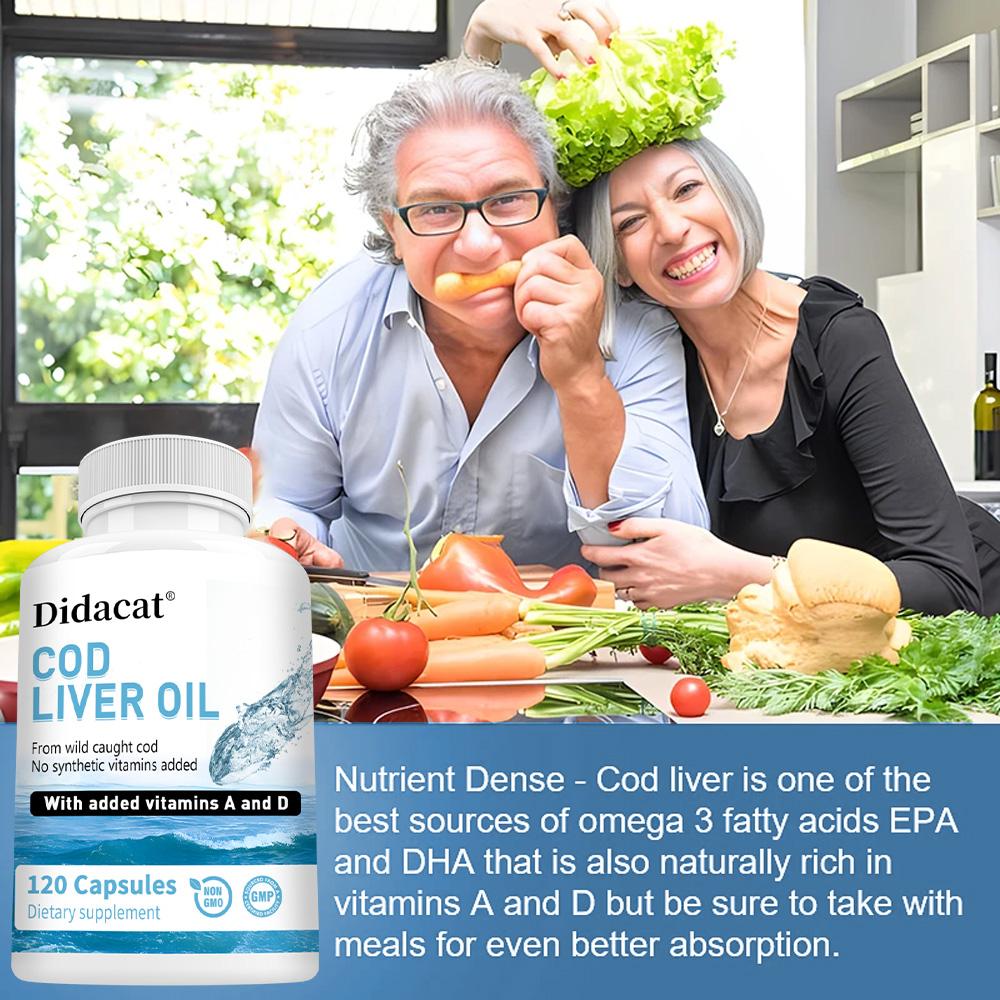 Cod Liver Oil Capsules, Lower Blood Lipids, Support Bone and Vision Health, 120 Capsules