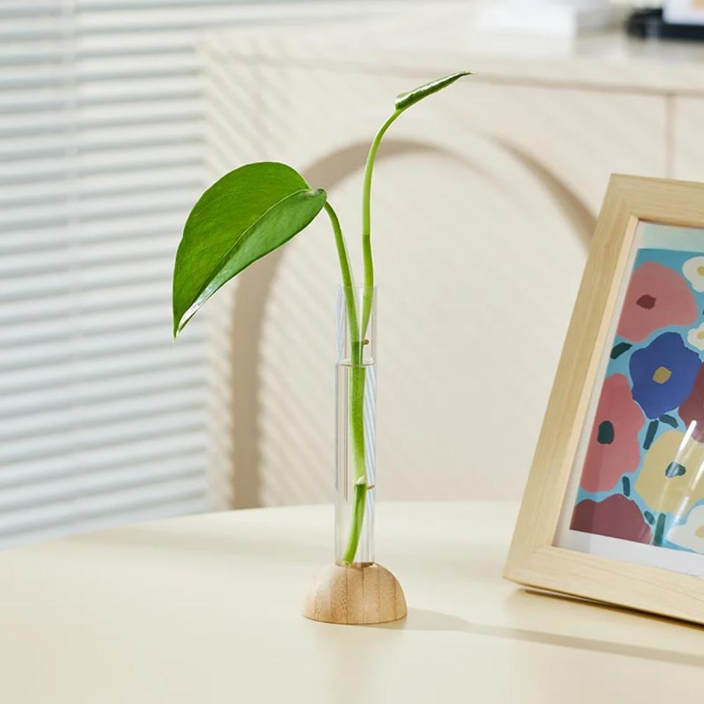 With Bamboo Base Transparent Hydroponic Vase Space-Saving Plants Flower Pot Test Tube Clear Vase