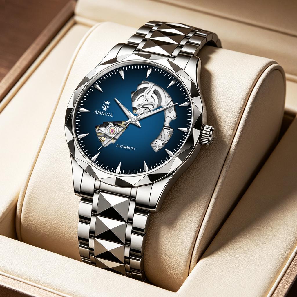 Men Business Automatic Mechanical Wrist Watch Hollow Skeleton Dial Steel Band Watch Luminous Hands Waterproof