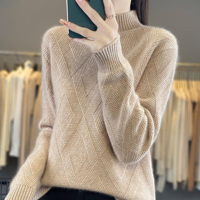 Versatile Women's Wool Sweater: Half-High Neck, Solid Color, Diamond Cable Knit, Warm & Comfortable Pullover