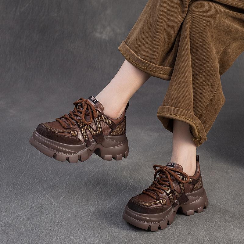 Fashion GKTINOO 2025 Autumn New Breathable Rhinestones Thick soled Sneakers Genuine Leather Lace-up Casual Women's Shoes