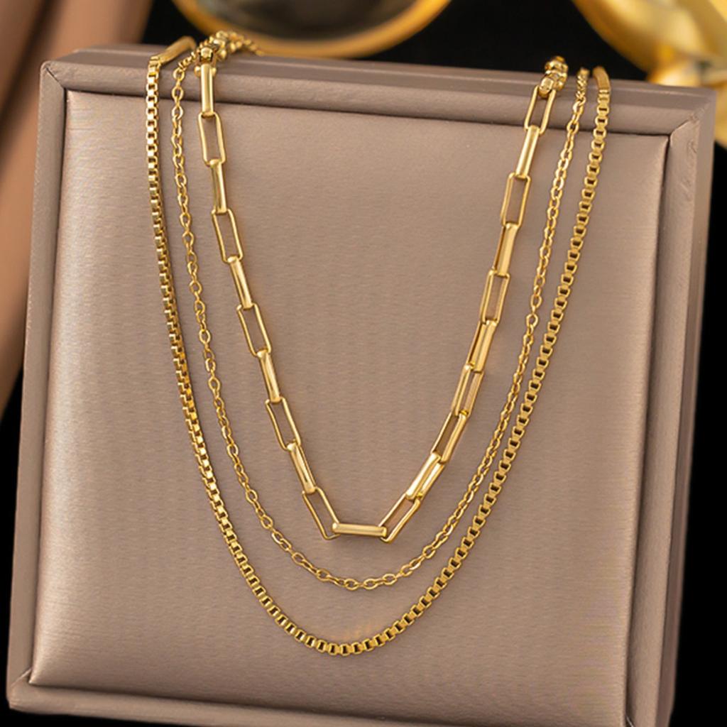 Vintage Gold Plated Paperclip Box Chain Layered Stainless Steel Triple Layer Necklace Waterproof Party Gift NEW