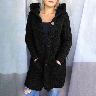 Damen-Cardigan mit Kapuze, großer Pullover, Tasche, einreihiger Mantel mit langen Ärmeln