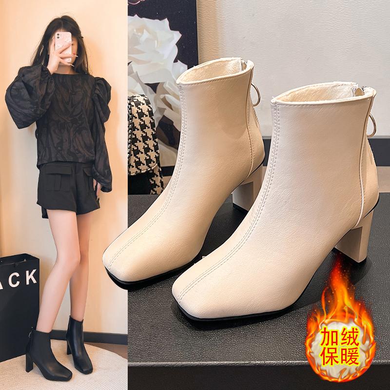 

Fashion New Simple Ankle Boots Square Heel Booties Side Zippers Pointed Suede High Heels Fashion Women s Boots 35 бежевый