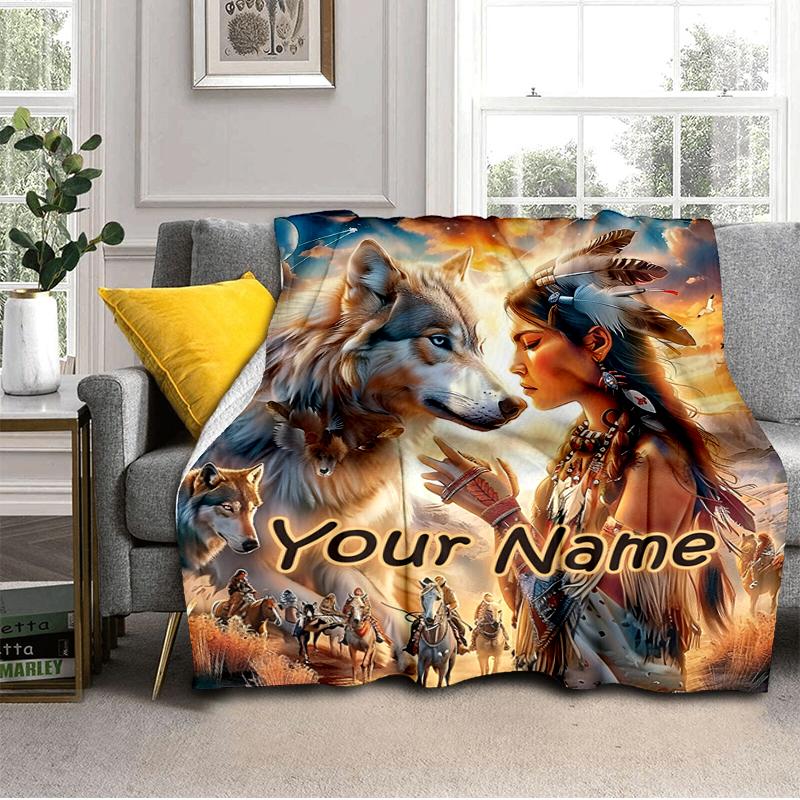 1PC Custom Name Wolf Spirit Journey Flannel Blanket Versatile,all-season Throw Suitable for the Living Room,bedroom,camping,travel,and Gift