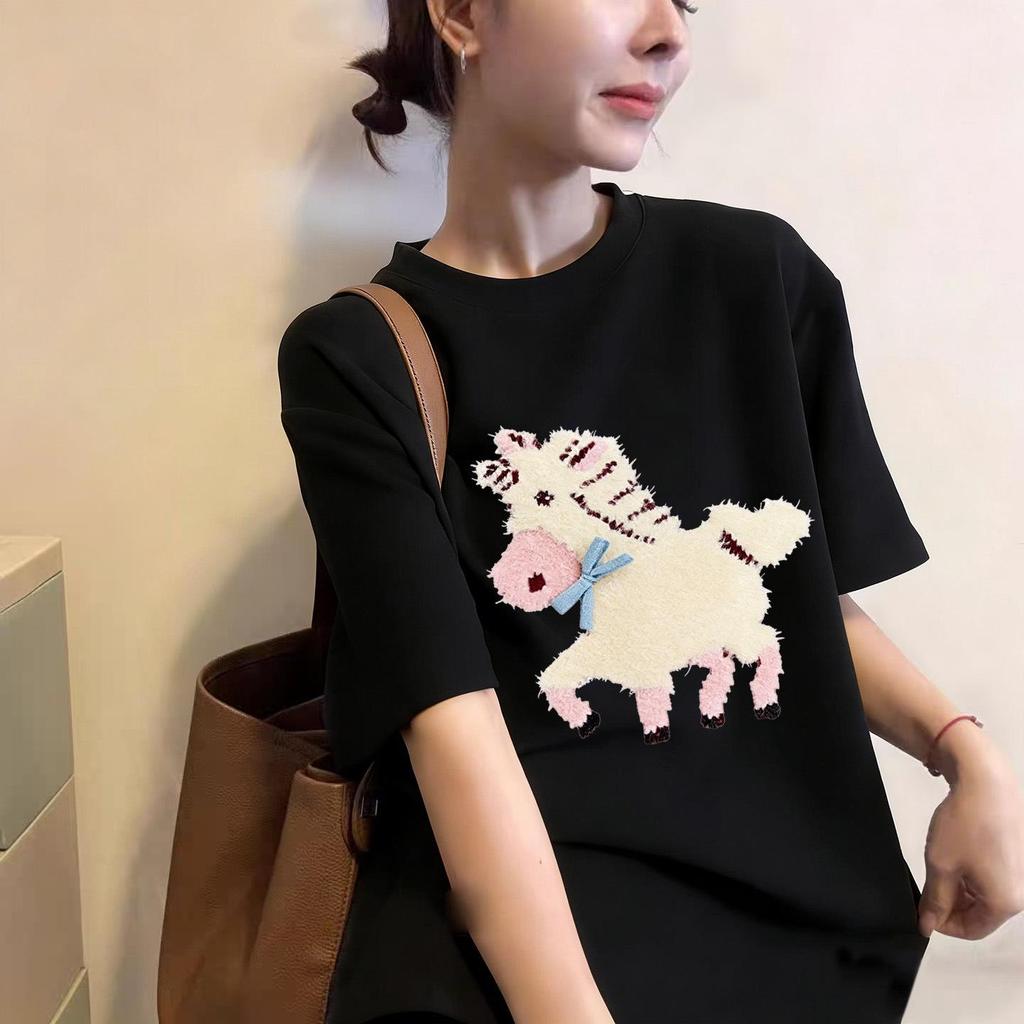 2026 Korean Retro Short Sleeve Women's T-Shirt with Small Horse Print - Trendy Round Neck Half Sleeve Top
