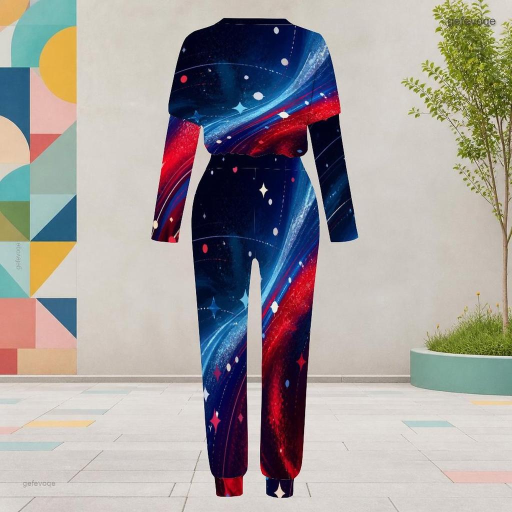 Women Plus Size Two Piece Set Round Neck Long Sleeve Galaxy Printed Cuffed Top And Pants With Pockets