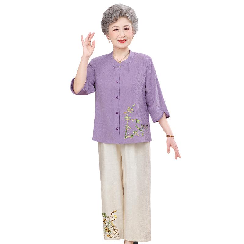 Women's Summer Cotton-Linen Set: 3/4 Sleeve Top & Two-Piece Outfit for Middle-Aged & Elderly