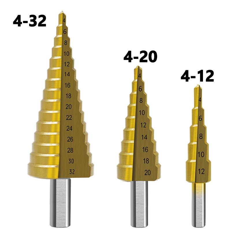 6-Piece Titanium-Plated Pagoda Step Drill Bit Set with Triangle Shank for Woodworking and Grooving