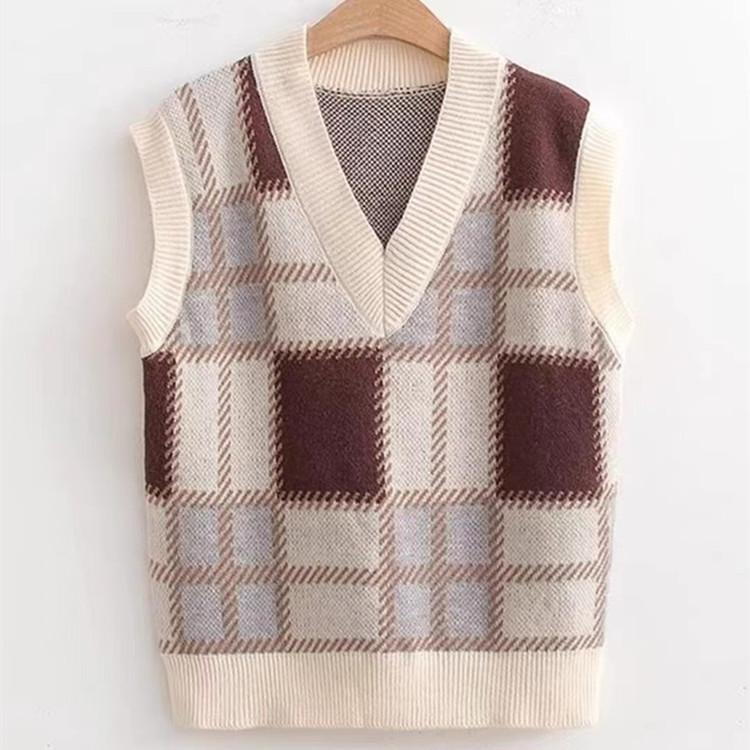

Свитер-жилет женский, с v-образным вырезом, мягкий, теплый, модный клетчатый свитер без рукавов, универсальный вязаный жилет свободного покроя в стиле ретро One Size абрикосовый/хаки