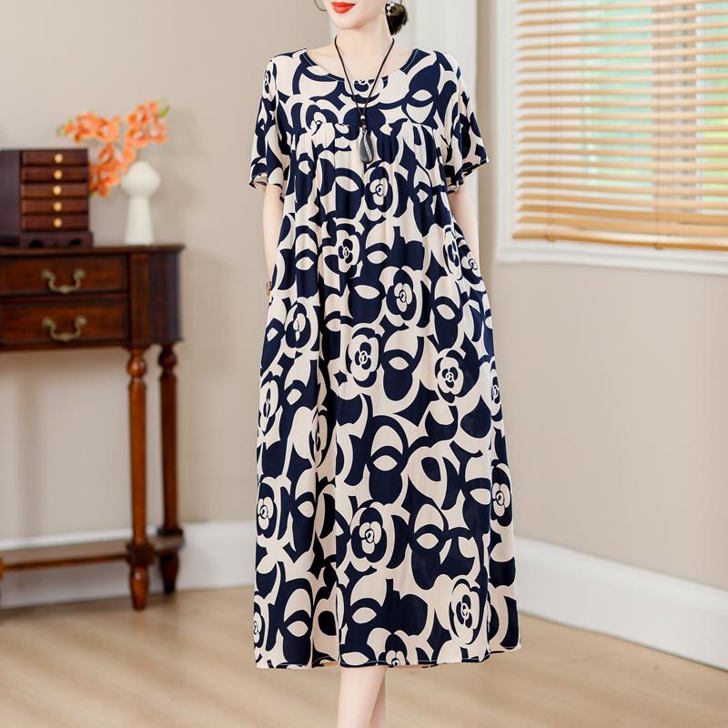 Plus Size Loose Vintage Print Langes Kleid für Damen Lässige Kurzarm-Sommer-Damenkleider