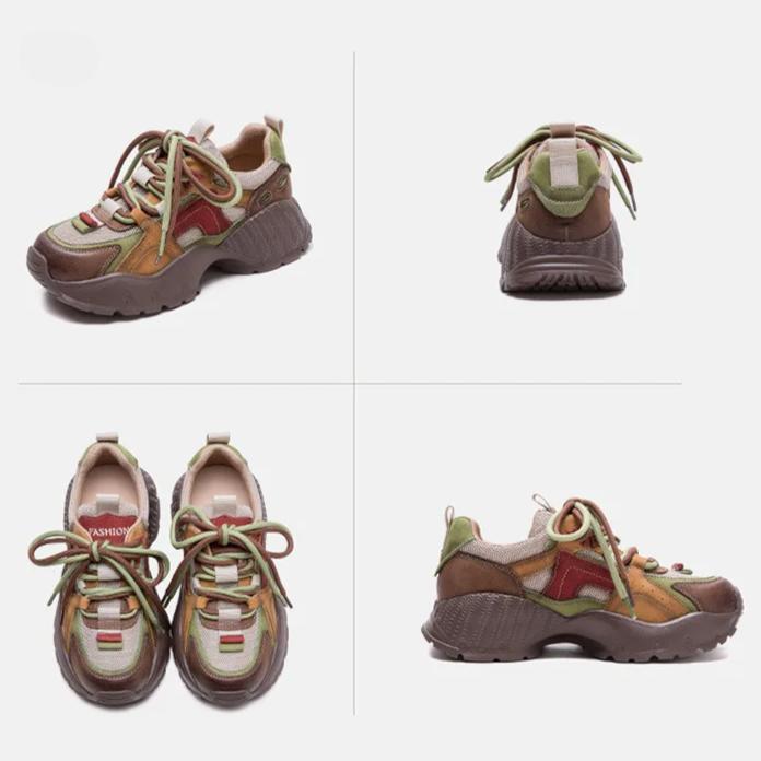 Johnature Casual Genuine Leather Splicing Mesh Mixed Colors Lace Up Fashionable Comfortable Versatile Women's Shoes