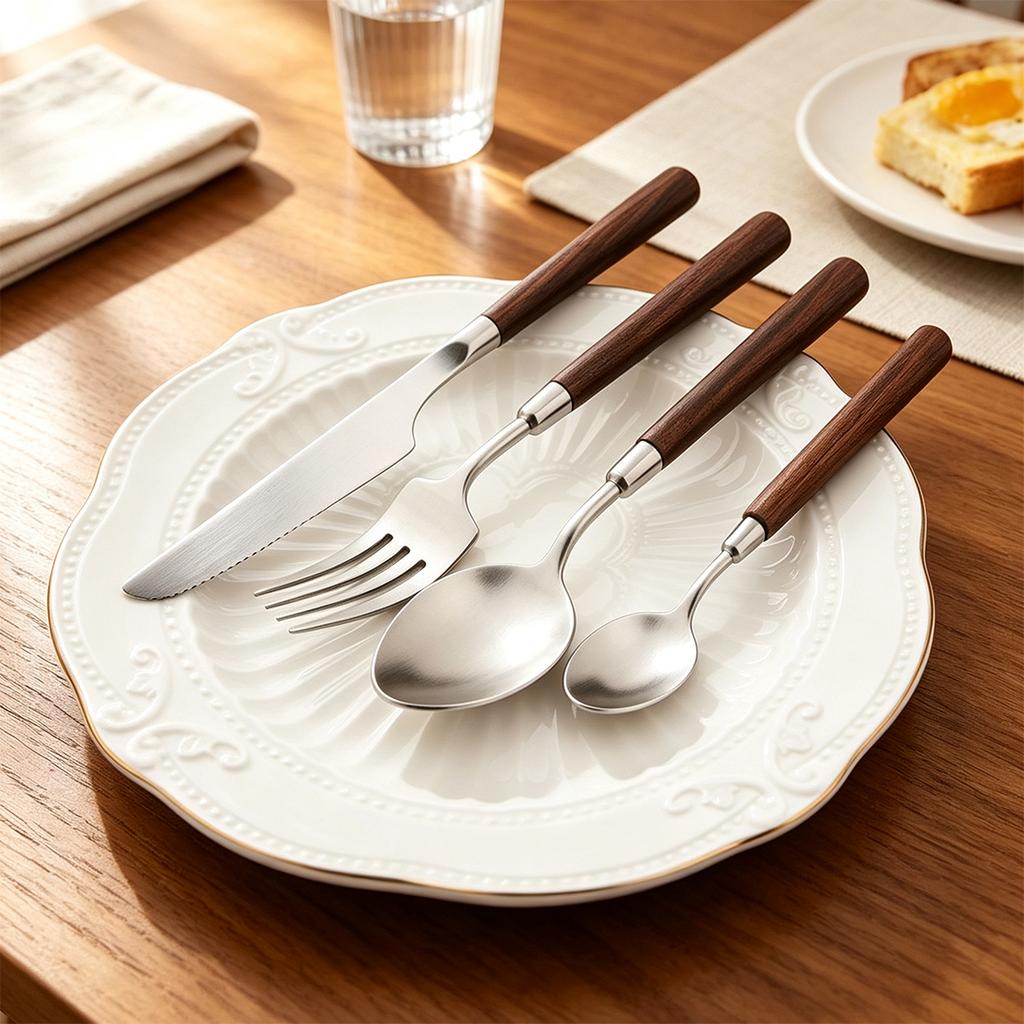 Wooden Handle Stainless Steel Cutlery Set 5Pcs Tableware Fork Spoon Knife Dinner Utensils for Home Kitchen