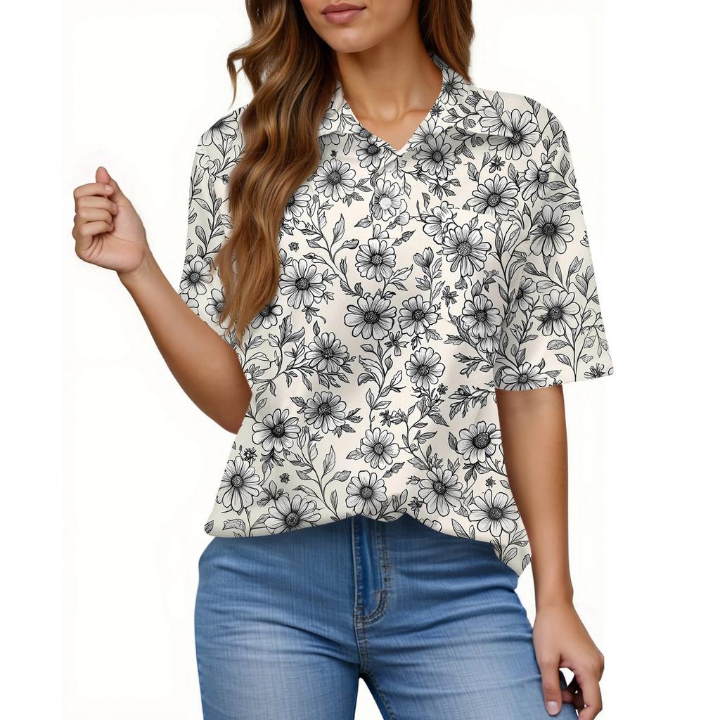 Women's Fashion Casual Button Pocket Shirt Short Sleeve Print Lapel Top