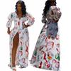 Spring and Summer New European and American Women's Clothing Sexy V-neck Waist Printing Bubble Sleeve Split Dress Long Dress