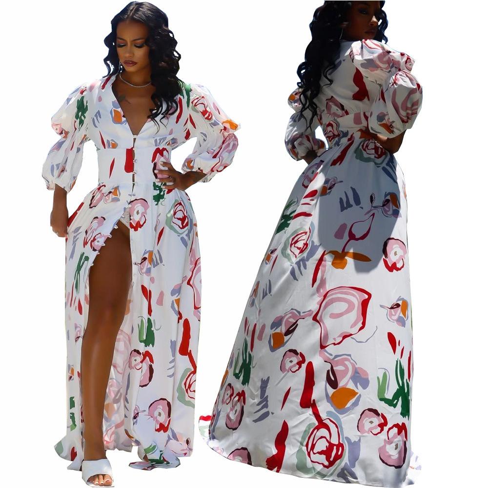 Spring and Summer New European and American Women's Clothing Sexy V-neck Waist Printing Bubble Sleeve Split Dress Long Dress
