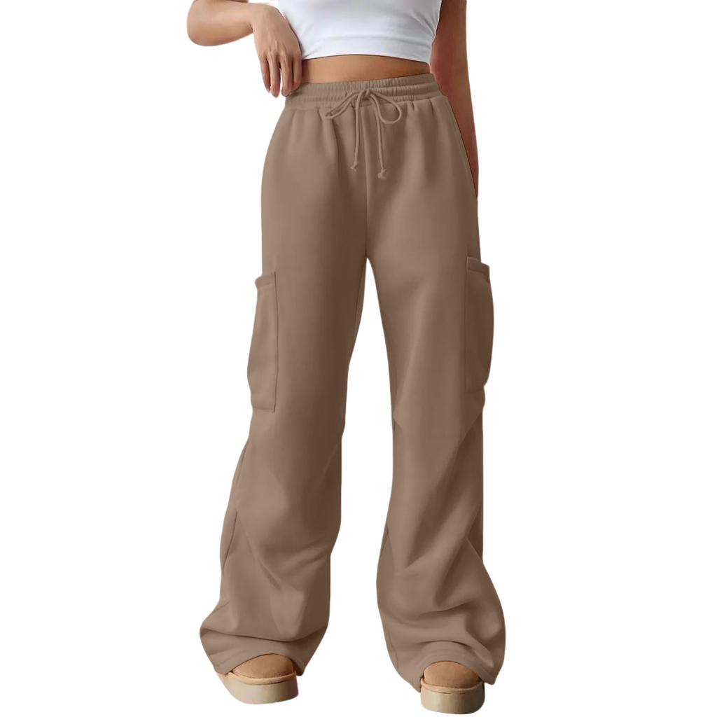 Women's Casual Fashion Solid Color Elastic Waist Drawstring Pocket Wide-Leg Straight-Cut Joggers