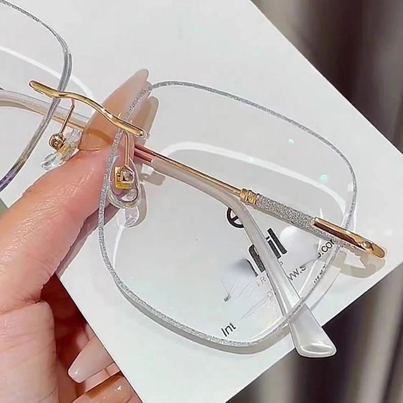 Randlose Myopiebrille für Damen, quadratisch, diamantgeschliffen, Korrekturbrille, Blaulichtfilterbrille, Minus-Dioptrien-Brille