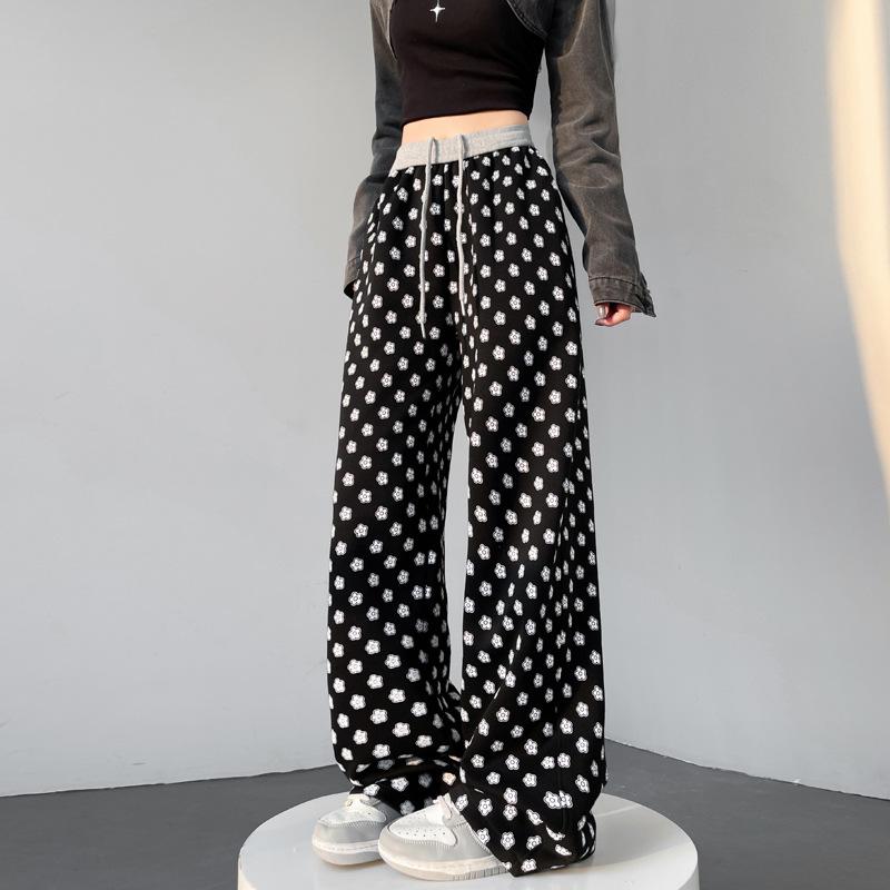 High-waist Drawstring Wide-leg Pants for Women's Spring New Printed Polka Dot Straight Pants Loose Casual Sports Pants