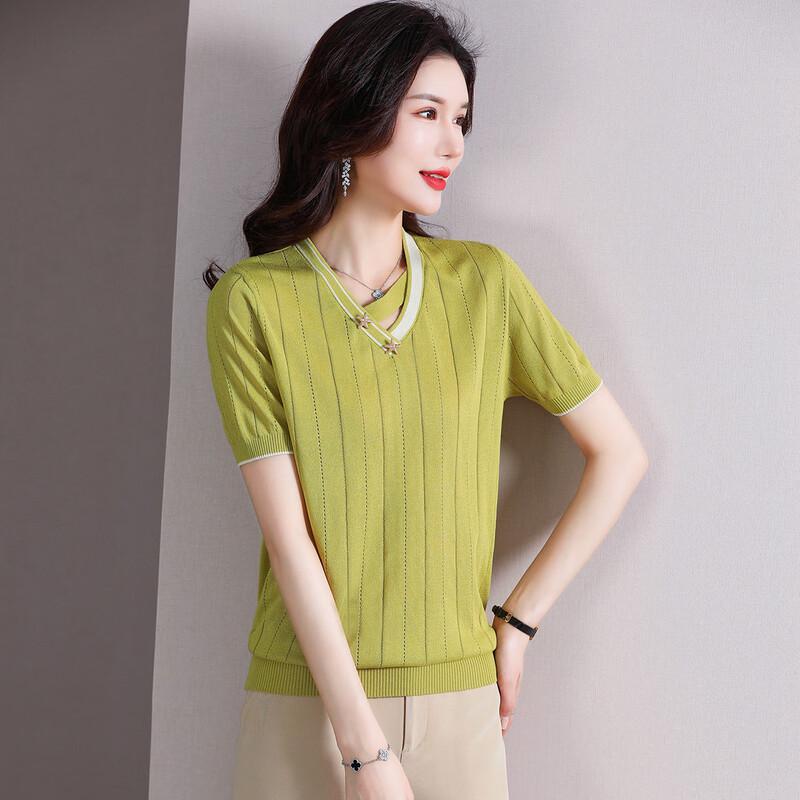 Elegant Ice Silk Knit V-Neck Short-Sleeve T-Shirt for Women