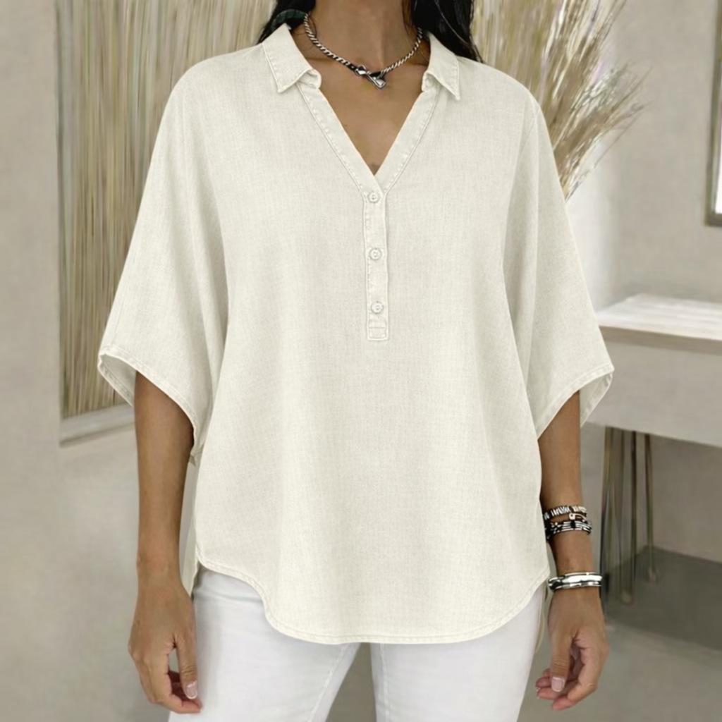 

Женская джинсовая рубашка большого размера с V-образным вырезом - Весна/Лето 2026 Ретро стиль с потертостями L грязно-белый