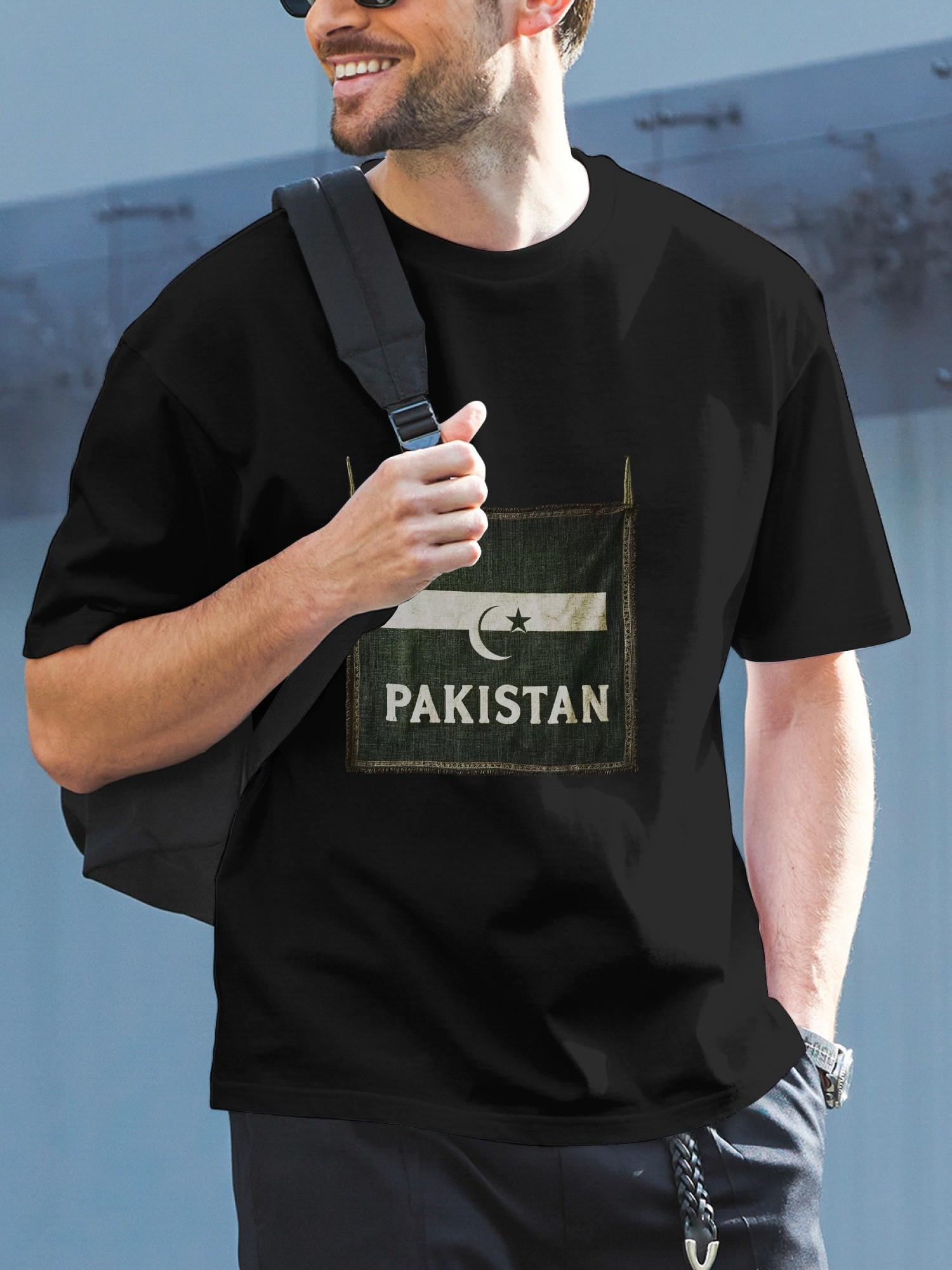 1pc Pakistan Flag Graphic Black T-shirt - 180g Cotton Crew Neck Short Sleeve XXXXL