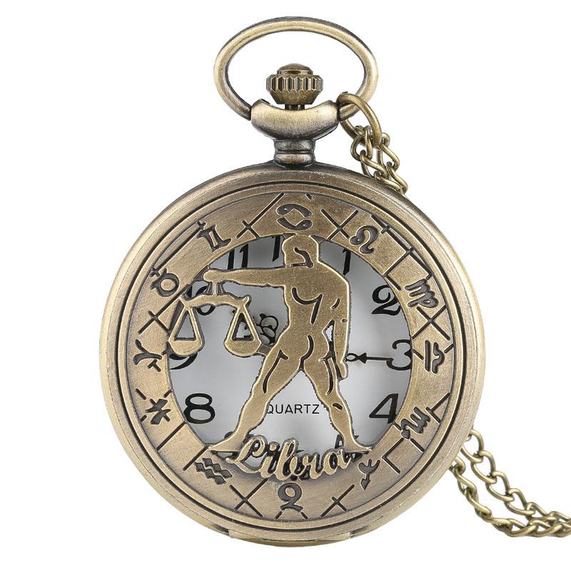 12 Constellation Astrology Zodiac Retro Pocket Watch Bronze Necklace Pendant Mens Women Hollow Flip Cover Quartz Christmas Gifts