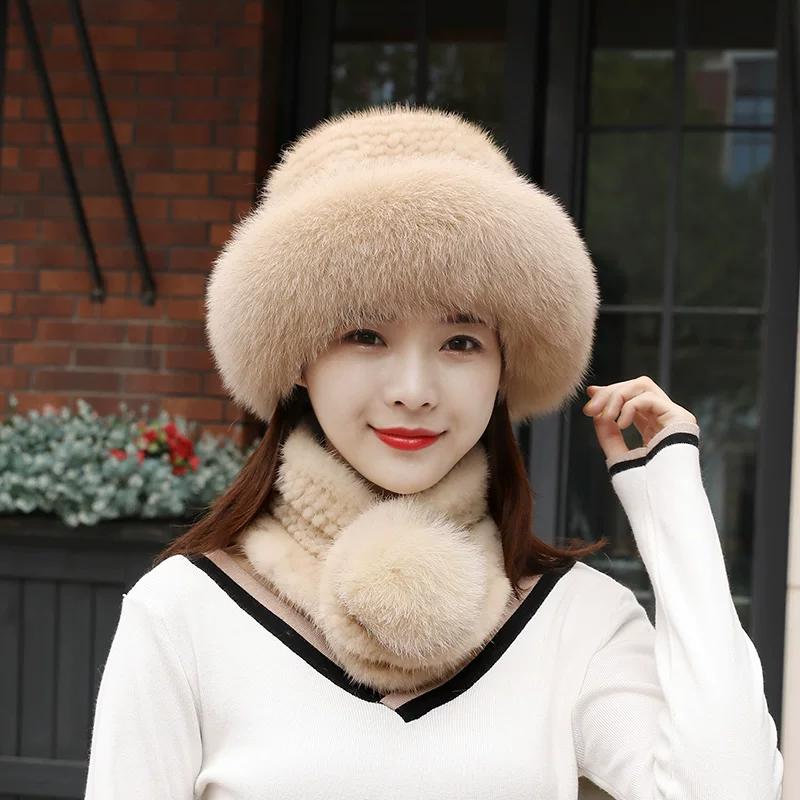 Fur Hat Scarf Set Women's Winter Warm Real Hair Winter Bucket Hat Winter Fashion Mink Two-piece Set