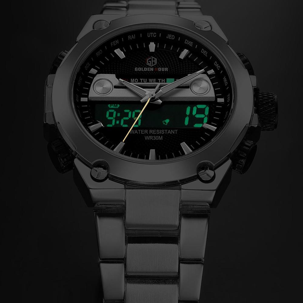 GOLDENHOUR Mens Sport Watches Luxury Gold Quartz Steel Strap Waterproof Military Digital Wristwatch Clock Relogio Masculino