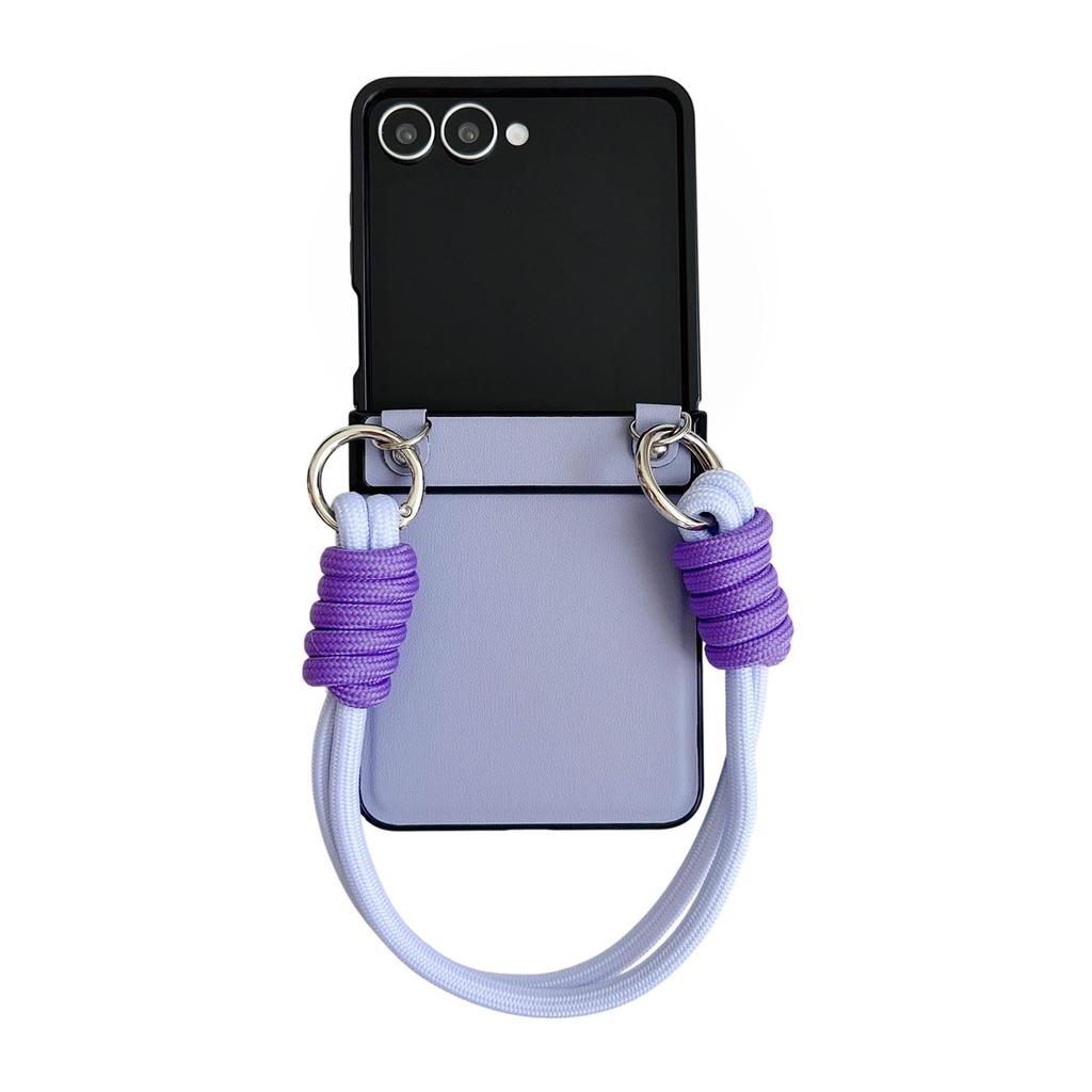 Samsung ZFlip7 Leder Handyhülle mit farbig gewebtem Seil - Passend für ZFlip6/5, Einfarbig, Faltbares Bildschirm-Backcover