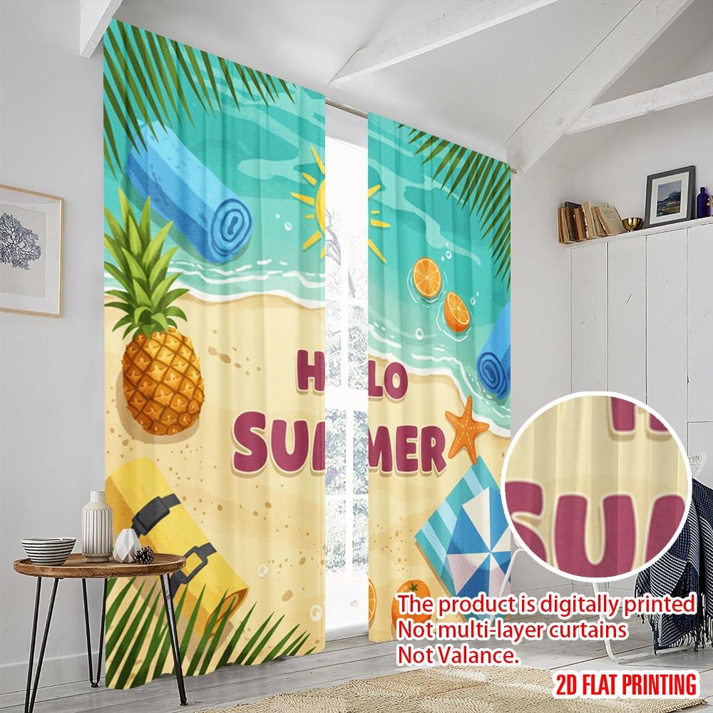 2pcs 2D Flat Printing Window Curtains Summer Beach Pineapple Sun Towel 100% Polyester Without Electricity Party Decorations Use