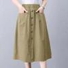 Women Khaki Elastic Waist Midi Skirt Casual A Line Skirt With Button Detail And Pockets