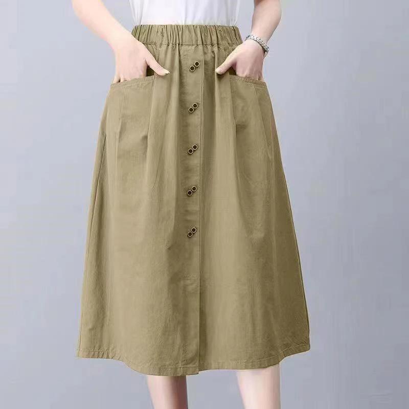 Women Khaki Elastic Waist Midi Skirt Casual A Line Skirt With Button Detail And Pockets M