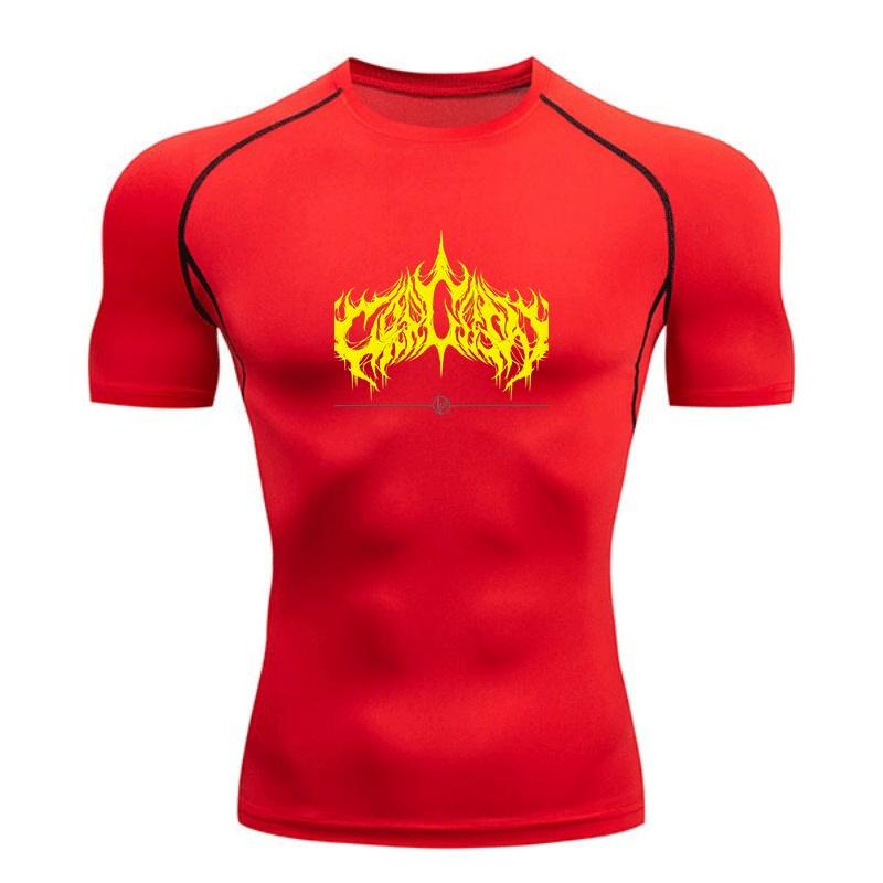 Men's Compression Workout T-Shirt, Bright Yellow Flame Style Graphic Sports Quick Dry Tee for Gym Running Training Fitness Active Wear