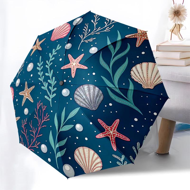 1pc Oceanic Seashells Starfish Coral Pattern Umbrella with Plastic Handle,Suitable for All Seasons Home Travel Outdoor UmbrellaB1856