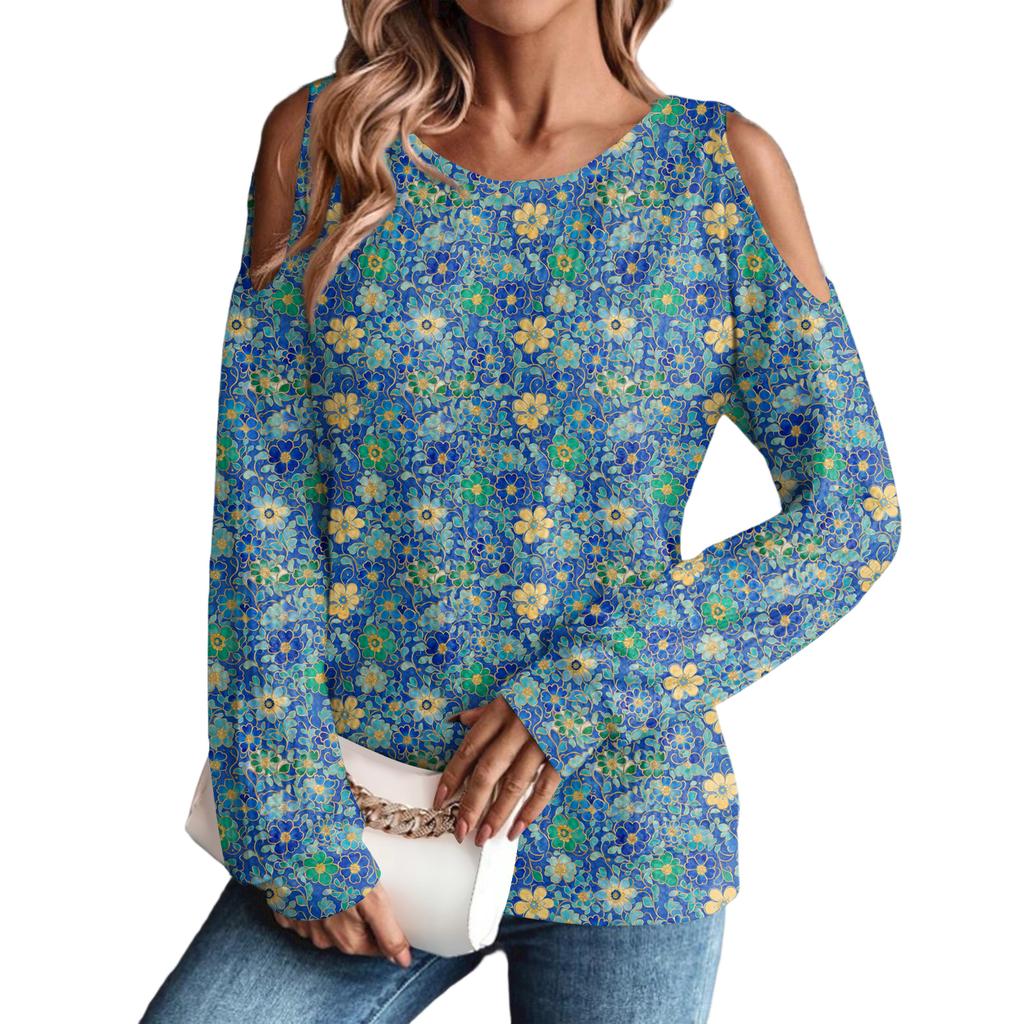 Damen Winter Oversized T-Shirt Modisch Schulterfrei Rundhals Vintage Blumendruck Pullover Langarm Oberteil