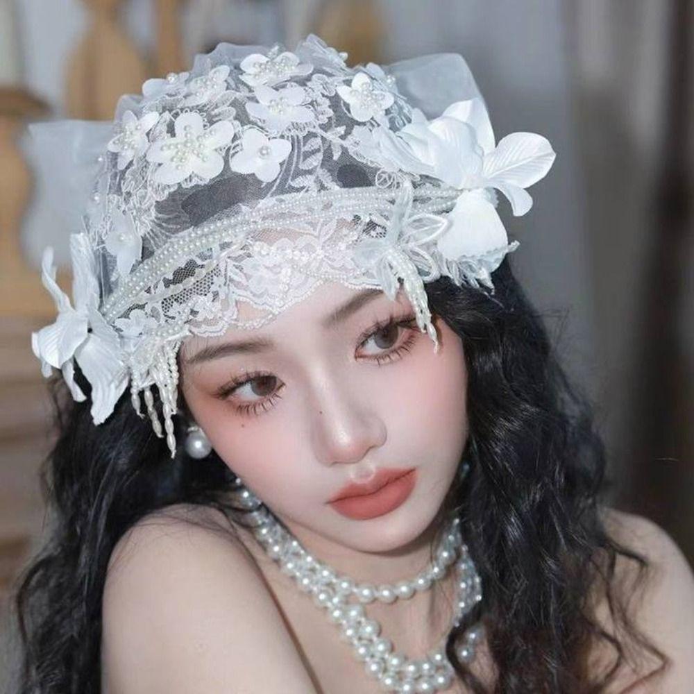 White Bride Headdress Pearls Beads Wedding Headwear Retro Bridal Hat  Headpieces