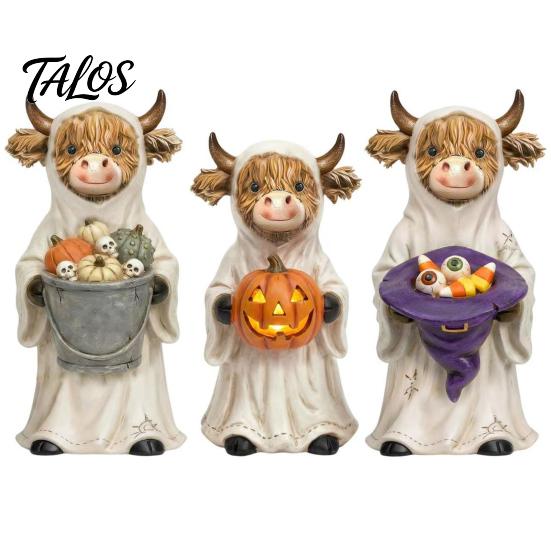 Gruselige Desktop-Figur 3 Stück Halloween-Geist Hochlandrind-Figuren, Harz-Yak-Statuen mit Kürbis, Bauernhaus Innen Außen Tischdekoration