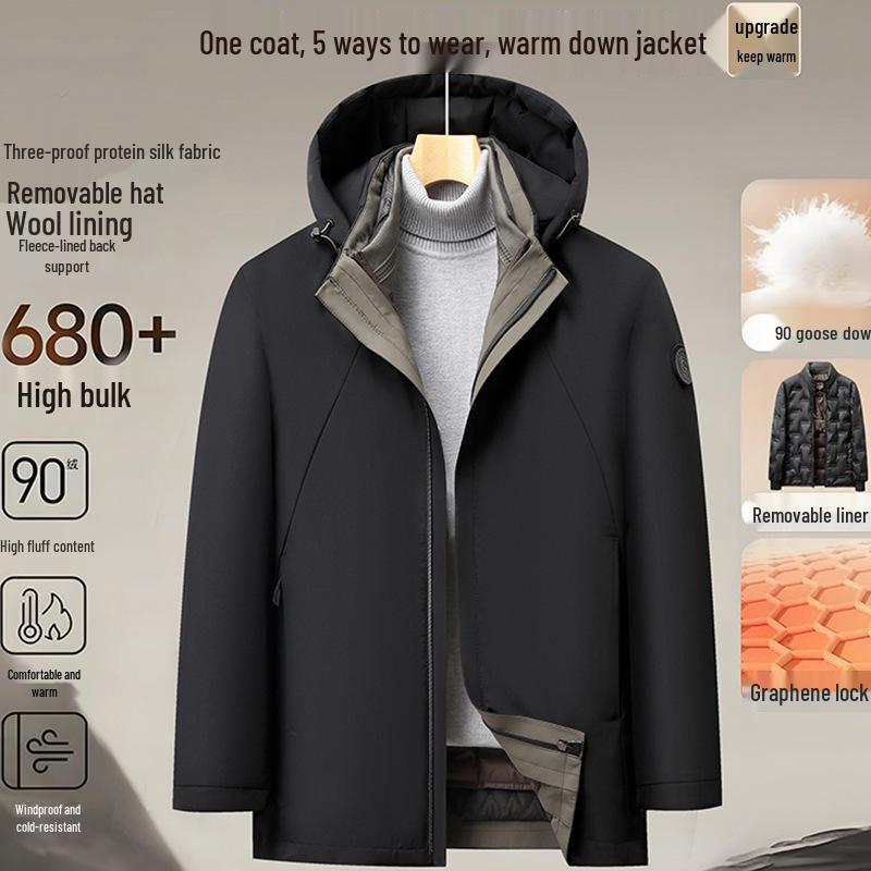 

Hooded Down Coat for Middle-Aged & Elderly Men with Detachable Liner XXXL чорний