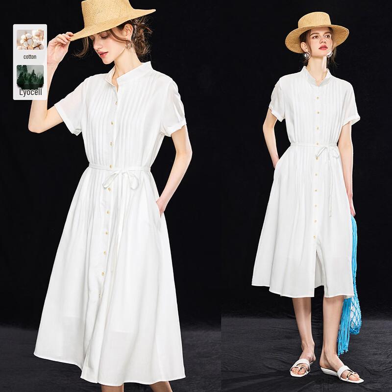 Wudao 100% Tencel Old Money Style Belted Pleated Stand Collar Dress M
