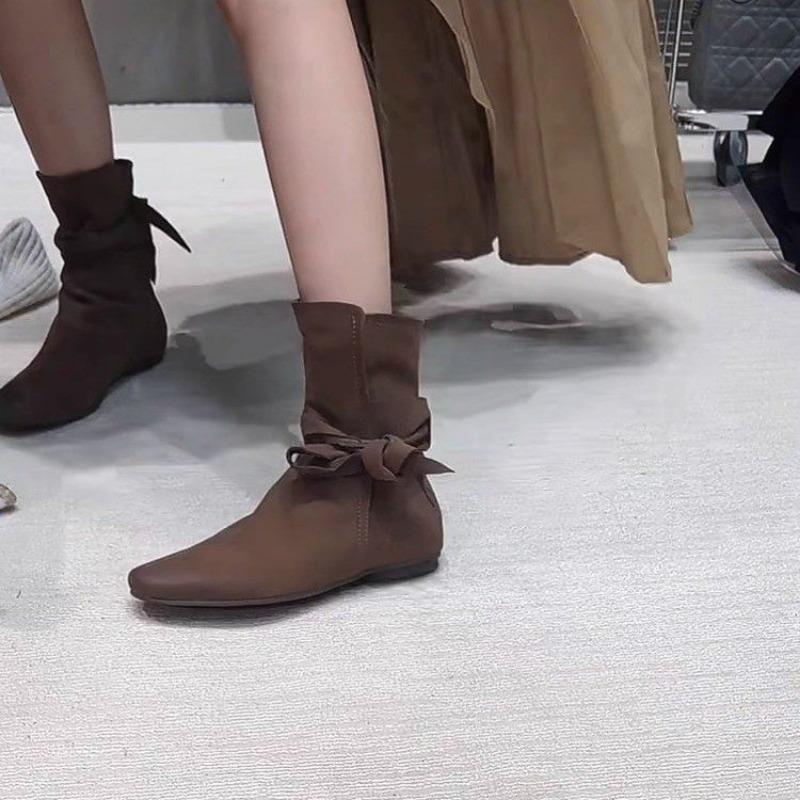 Vintage Design Bow Tie Short Boots Soft Sole Non-Slip Chelsea Boots French Black Flat Suede Botas Casual Comfort Women's Shoes