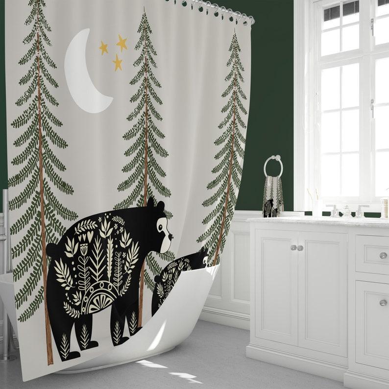 Nordic Bear Shower Curtain, Woodland , Rustic Country, Bathroom Decor, Bear Shower Curtain W90xH180cm