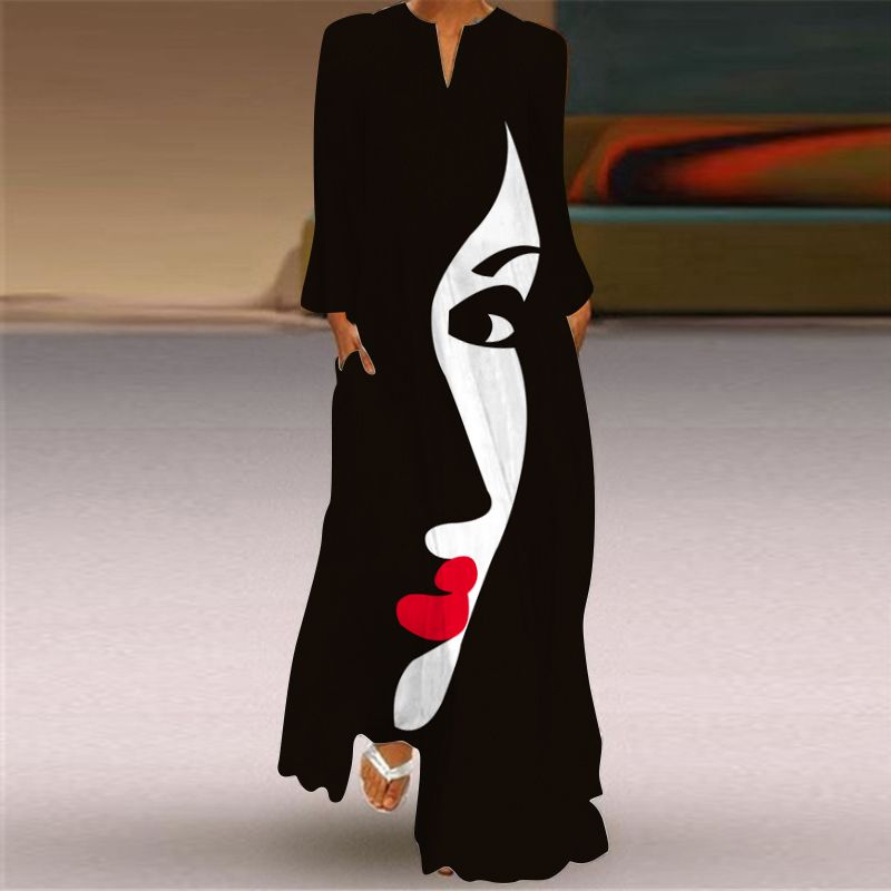 Fashion Style Spring and Summer Fashion New Women's Retro Butterfly Print Long Dress Export V Neck Long Sleeves Pocket Dress