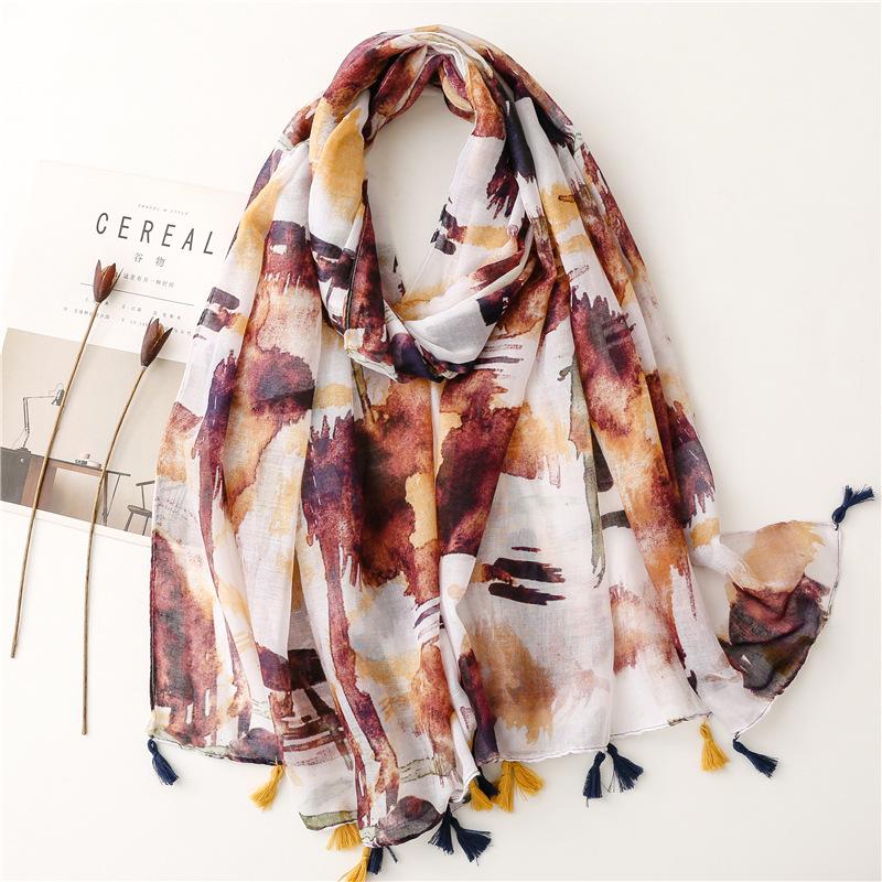 "Bali Yarn Cotton-Linen Scarf: Fresh Solid Color, Fruit Green & Bright Yellow Leaf Print with Tassel Detail"