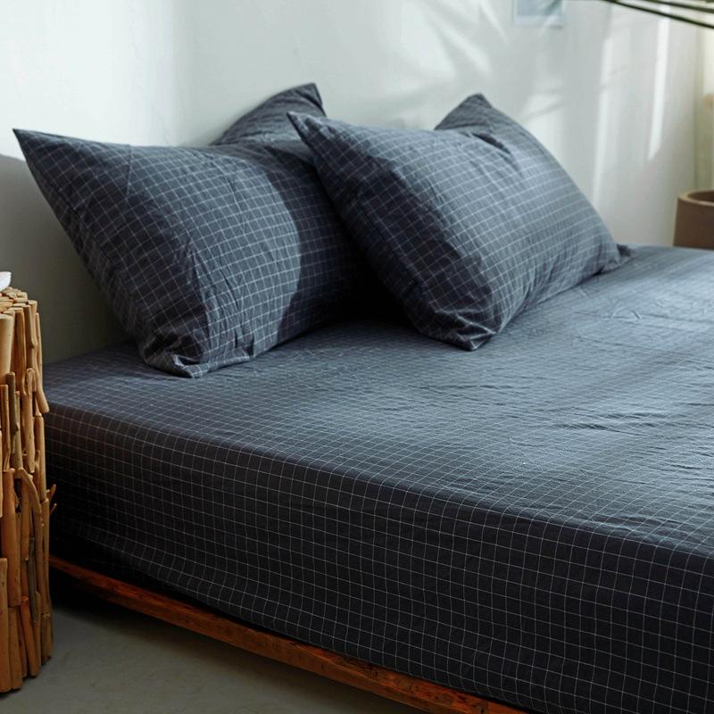 Washed Cotton Fitted Sheet Single Piece Solid Color Plaid Simple Single Bed Double Bed Fitted Sheet