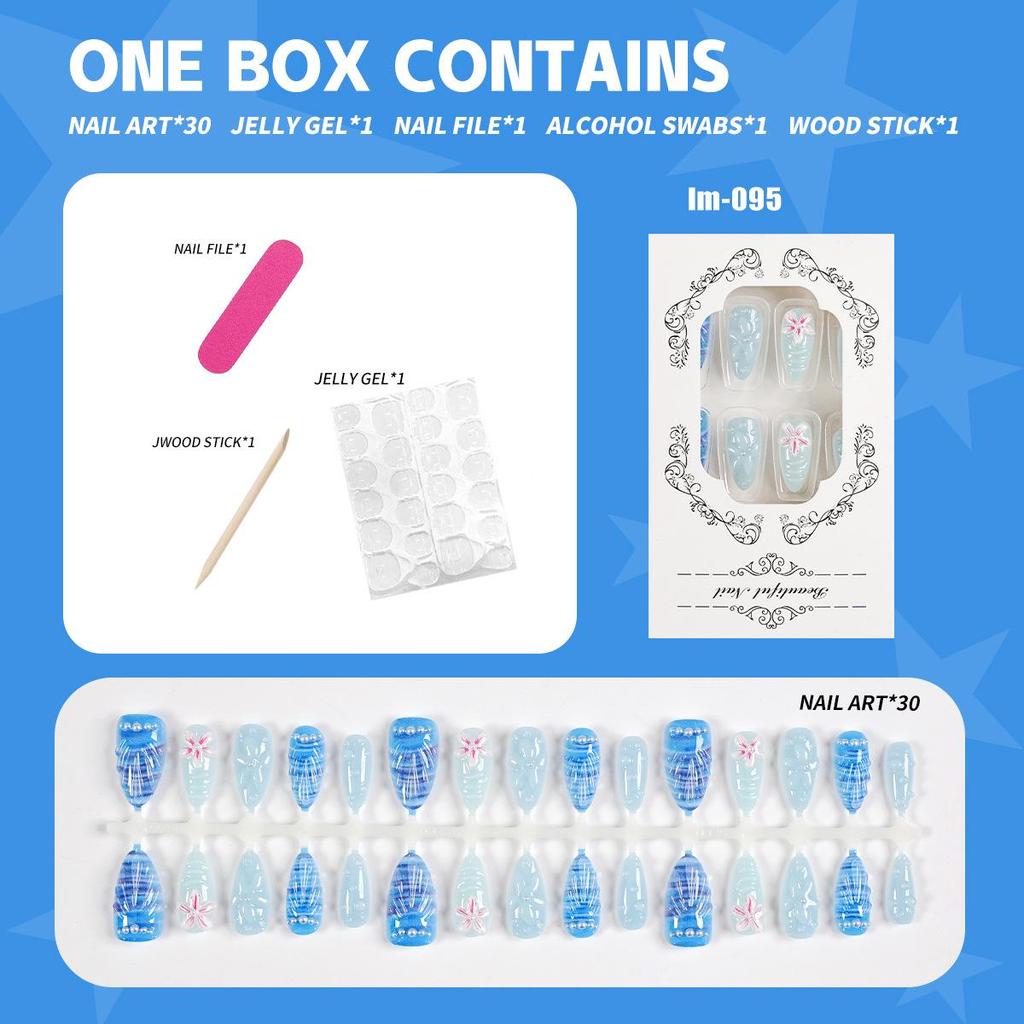 30pcs Handmade Blue & White Gradient Wearable Nails with 3D Pink Flower & Shell Pearl