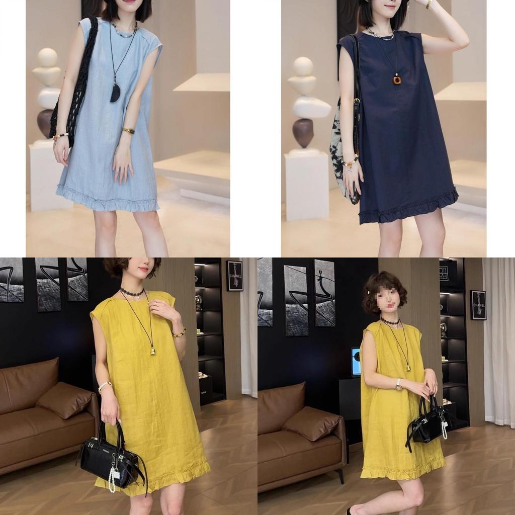 Summer Slimming Vintage Cotton Linen Dress With Round Neck For Casual And Travel Wear
